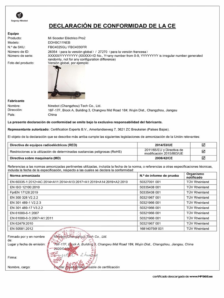 Certificado Xiaomi PRO 2 PDF