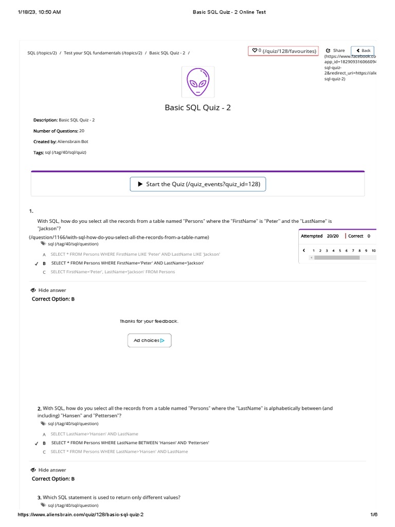 Basic Sql Quiz 2 Online Test Pdf Databases Computing
