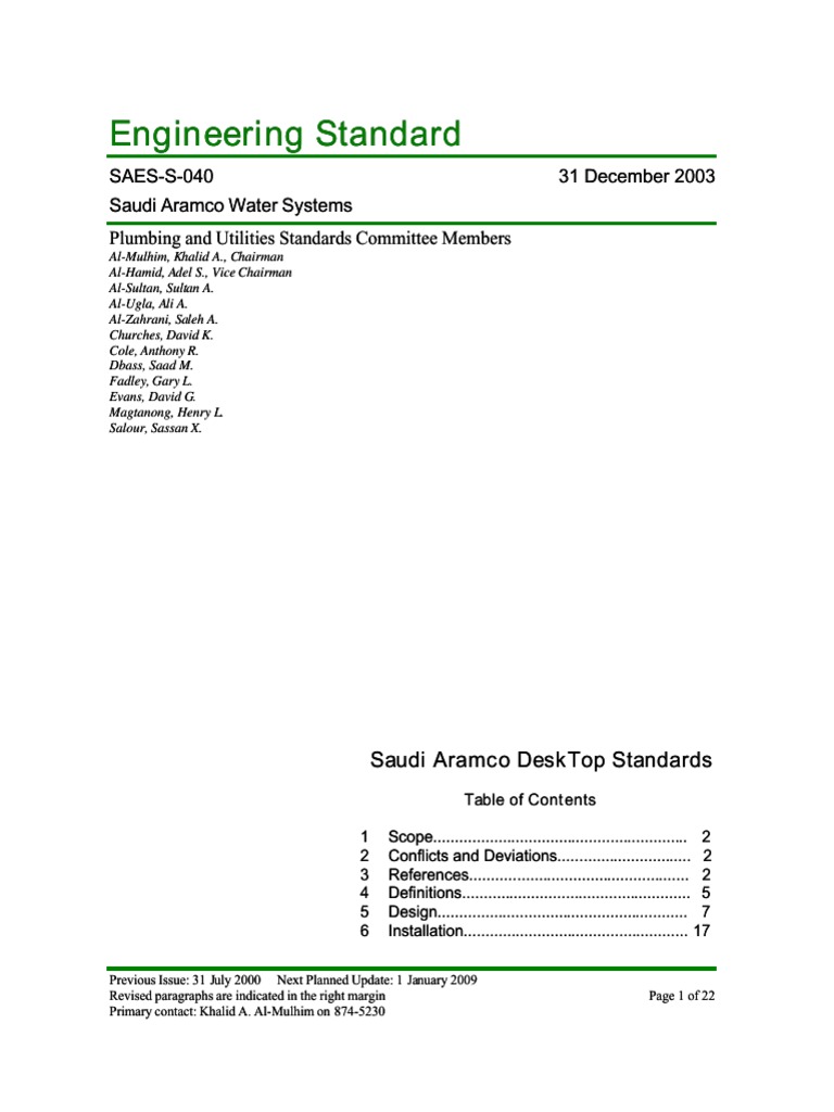Saudi Aramco Water Systems Standards | PDF | Pipe (Fluid Conveyance ...