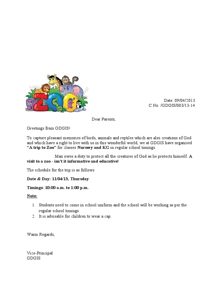 "A Trip To Zoo" For Classes Nursery and KG in Regular School Timings