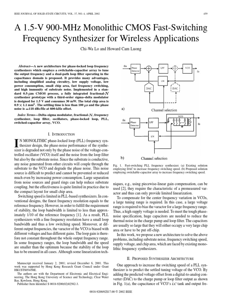 A 1 5 v 900 mhz monolithic cmos fast switching frequency synthesizer