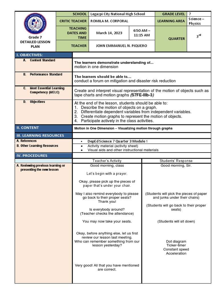 Grade 7 Physics Lesson Plan: Motion Graphs | PDF | Cartesian Coordinate ...