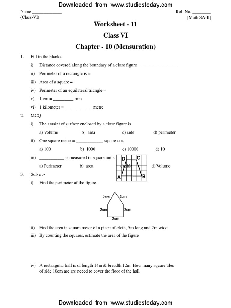 CBSE Class 6 Mensuration Worksheet PDF