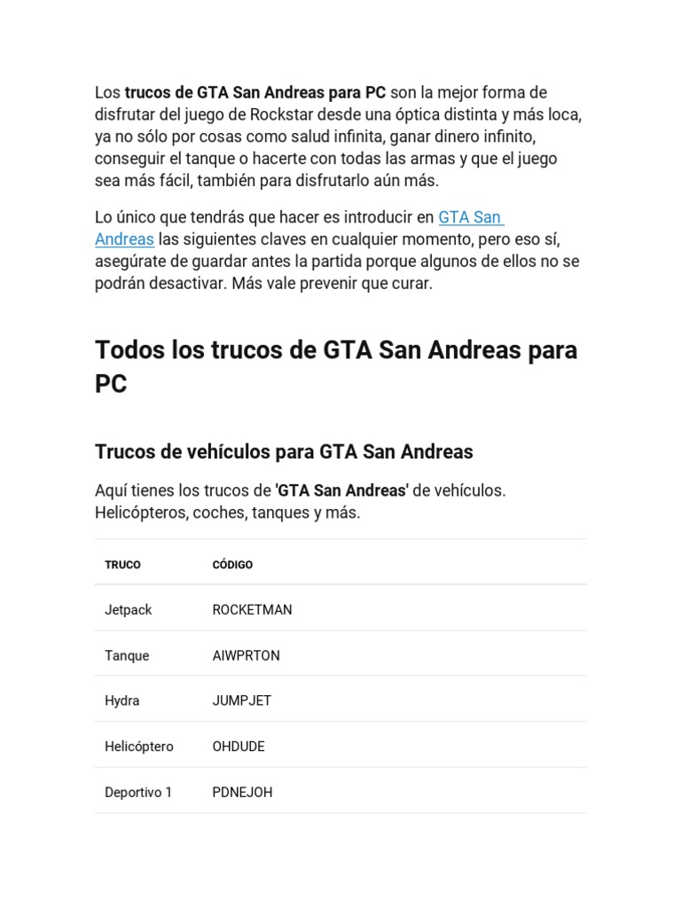 Aquí Tienes Los Trucos de 'GTA San Andreas' de Vehículos. Helicópteros,  Coches, PDF, Nintendo