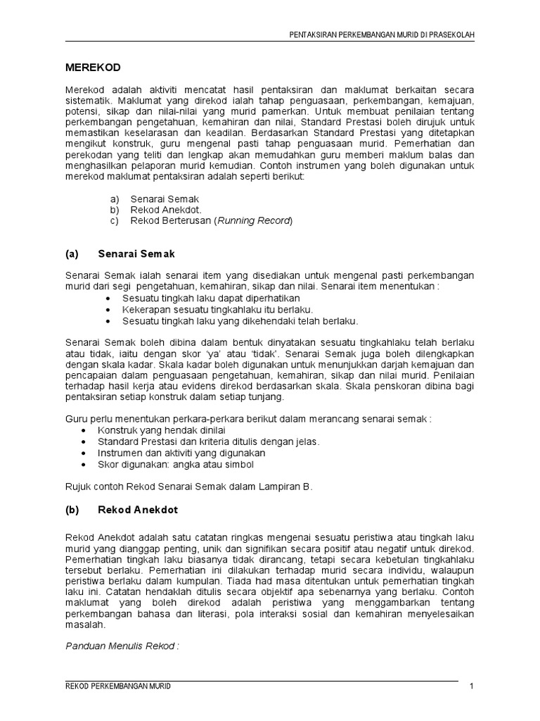 Contoh Rekod Perkembangan Murid | PDF