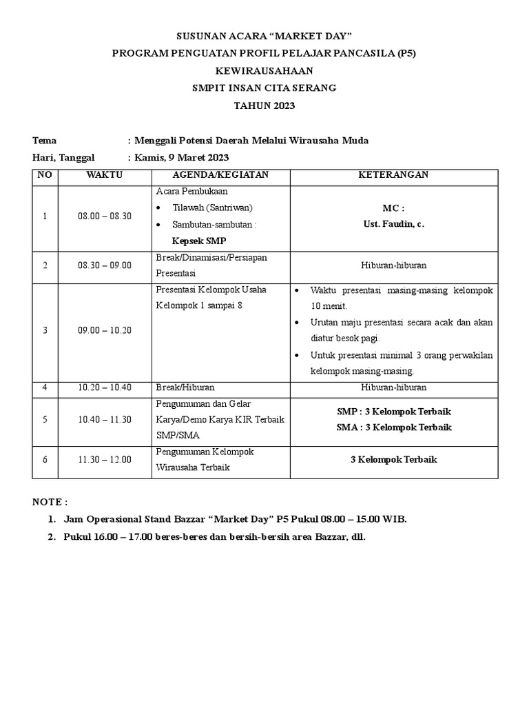 Susunan Acara Market Day P5 2023 | PDF