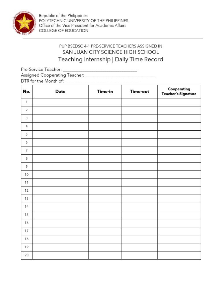 Teaching Internship DTR Template | PDF