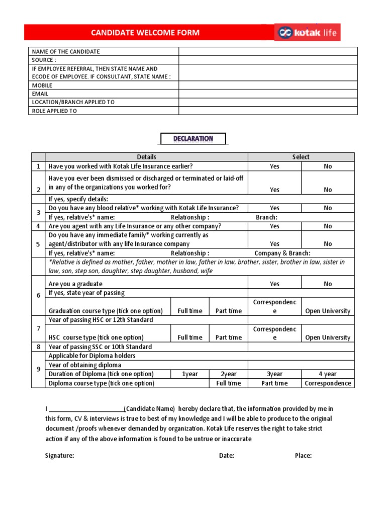 Kotak Life Insurance Candidate Form | PDF