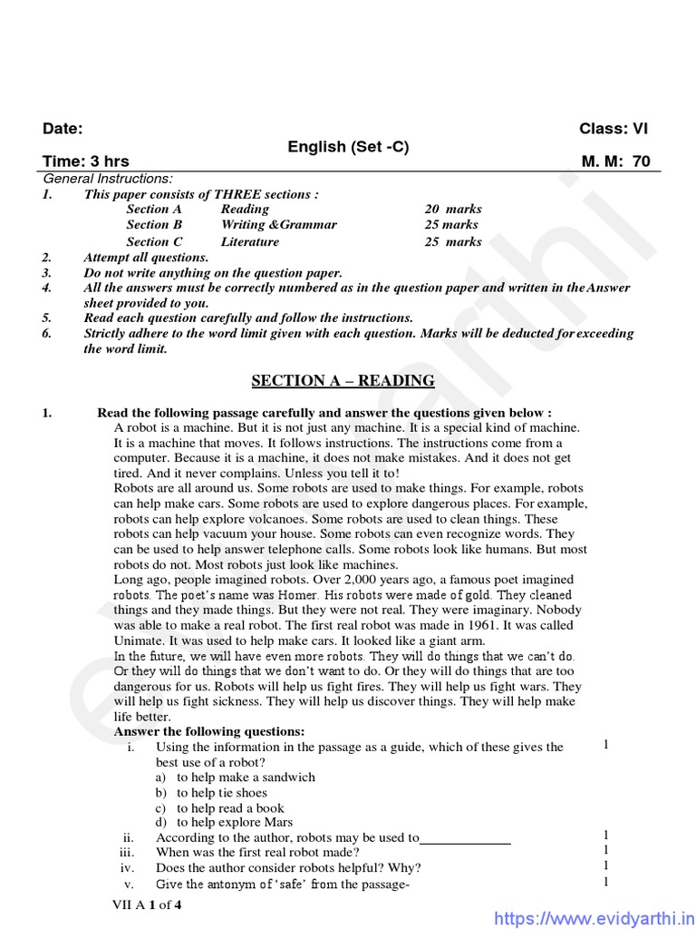 Class 6 English Sample Paper Set C PDF Huckleberry Finn Robot