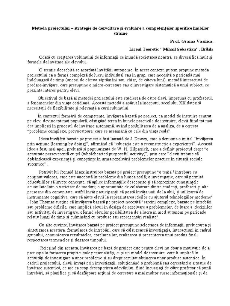 Metoda Proiectului - Strategie de Dezvoltare Si Evaluare A ...