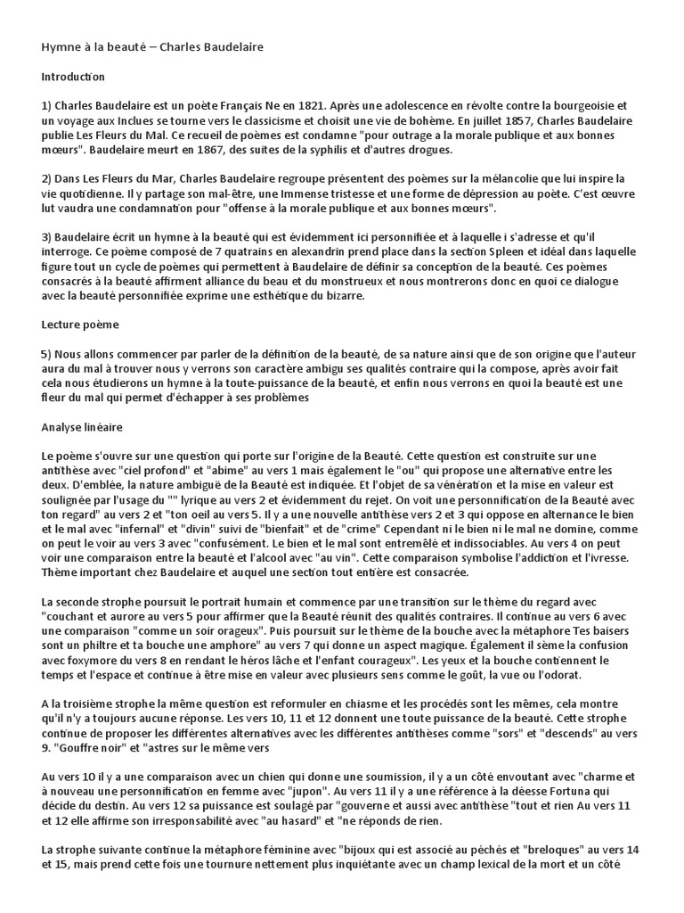 Hymne A La Beaute Fiche Revision PREMIERE Descargar gratis PDF Charles Baudelaire Les