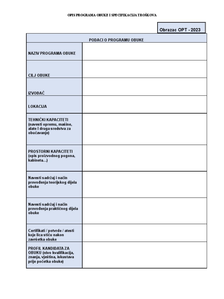 Obrazac (OPT 2023) Opis Programa Obuke I Specifikacija Troškova PDF