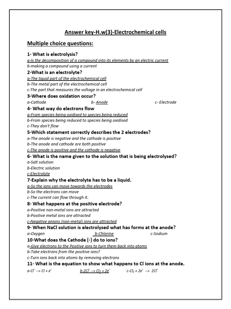 Understanding Electrochemical Cells An Answer Key to Multiple Choice
