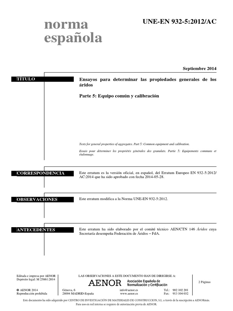 En 932-5-Ac Propiedades Generales de Aridos - Equipo | PDF