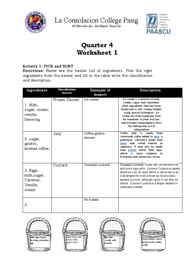 Dessert Classification Worksheet | PDF