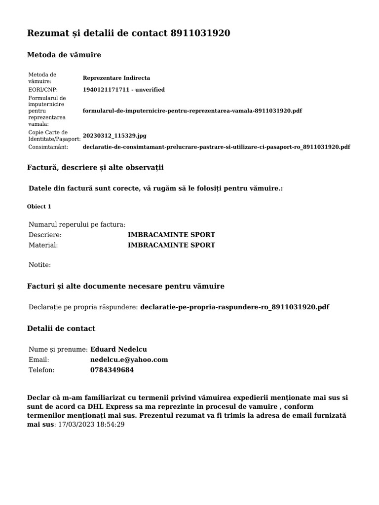 Customs Clearance Form - 8911031920 | PDF