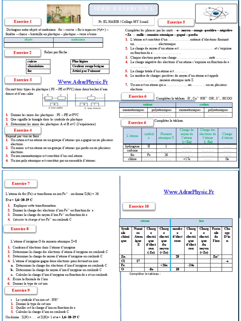 Exercices sur Atomes et Ions 3ème | PDF | Atomes | Ion