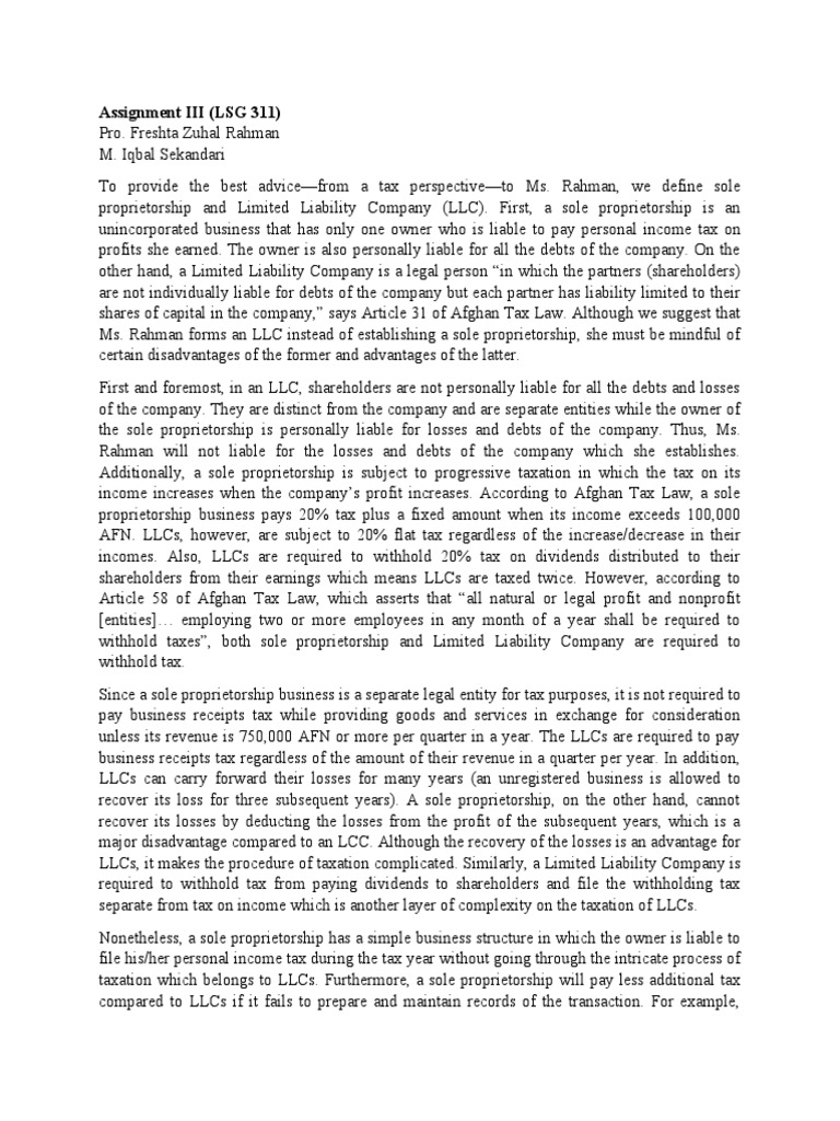 Tax Guide: Sole Proprietorship vs LLC | PDF | Limited Liability Company ...
