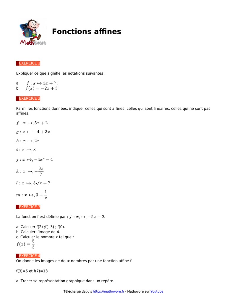 Fonctions Affines Exercices de Maths en 3eme Corriges en PDF | PDF ...