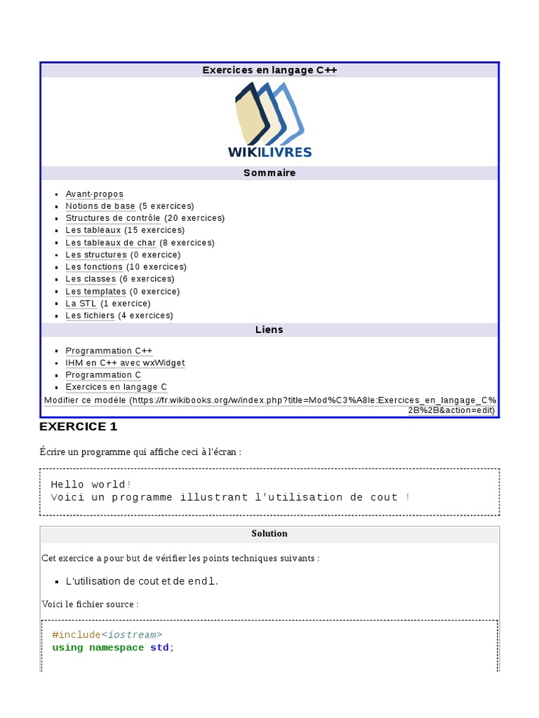 Exercices en Langage C++ Notions de Base | PDF | C ++ | Développement ...