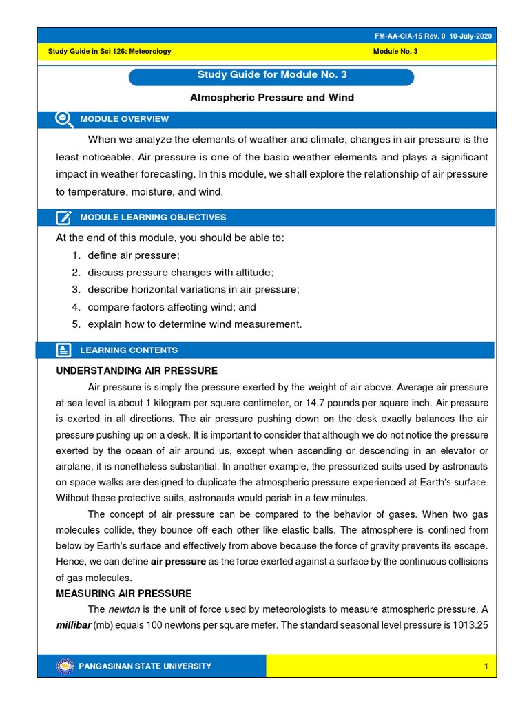 Atmospheric Pressure and Wind Study Guide For Module No. 3 PDF
