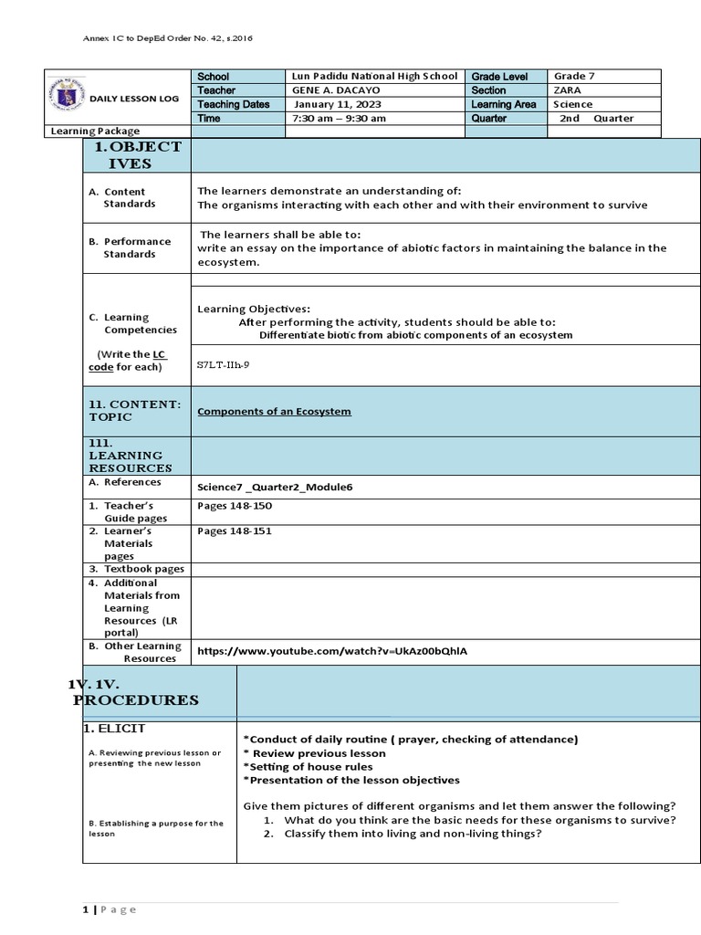 Grade 7 Ecosystem Lesson Plan | PDF | Ecosystem | Learning