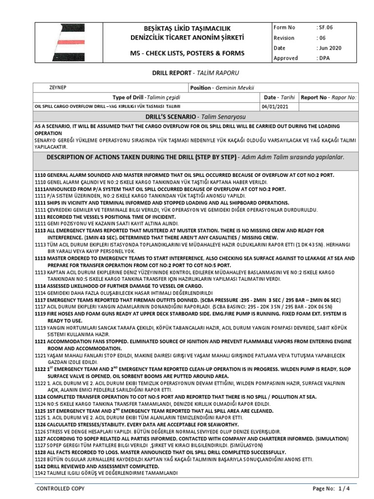 04.01.2021 Oil Spill Cargo Overflow Drill | PDF