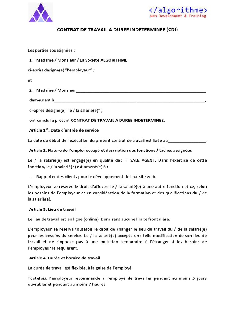 Contrat CDI pour IT Sale Agent | PDF | Éthique des affaires | Relations ...