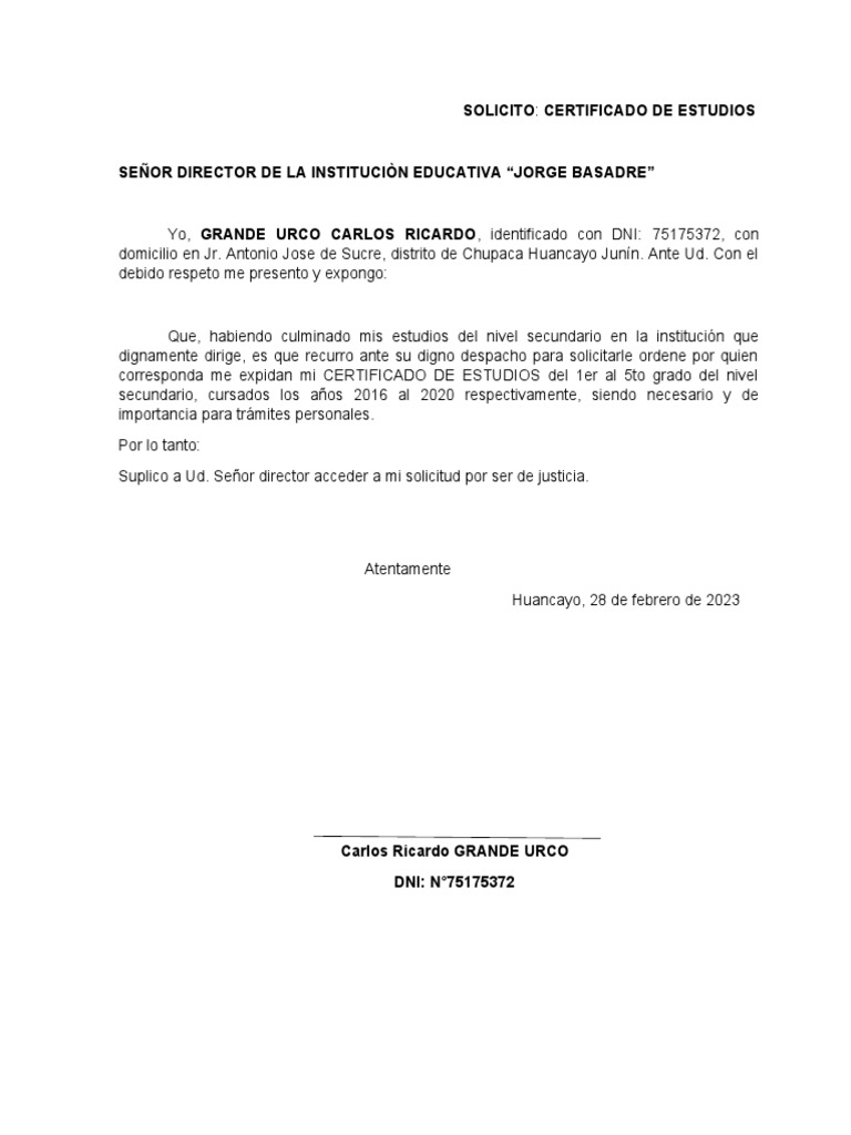 Solicitud de Certificado de Estudios | PDF