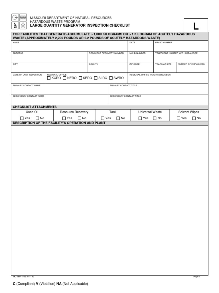 Main Form Mo 780 1525 Large Quantity Generator Inspection Checklist