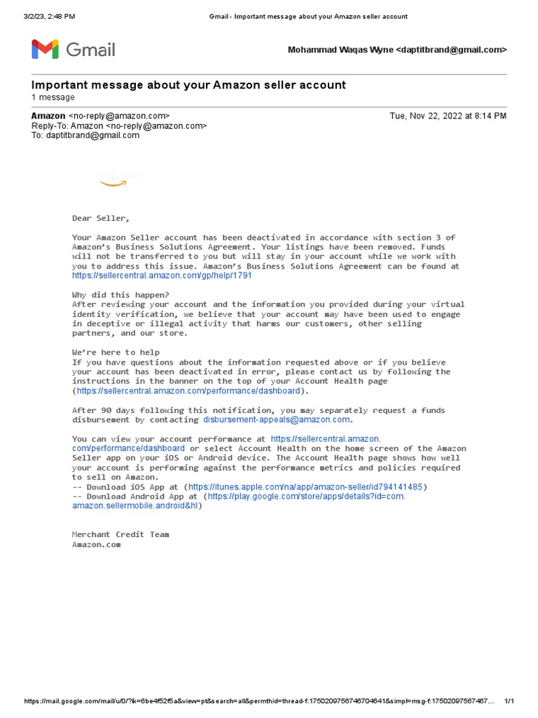 Urgent Notice Regarding Deactivation of Amazon Seller Account Due to Suspected Deceptive or
