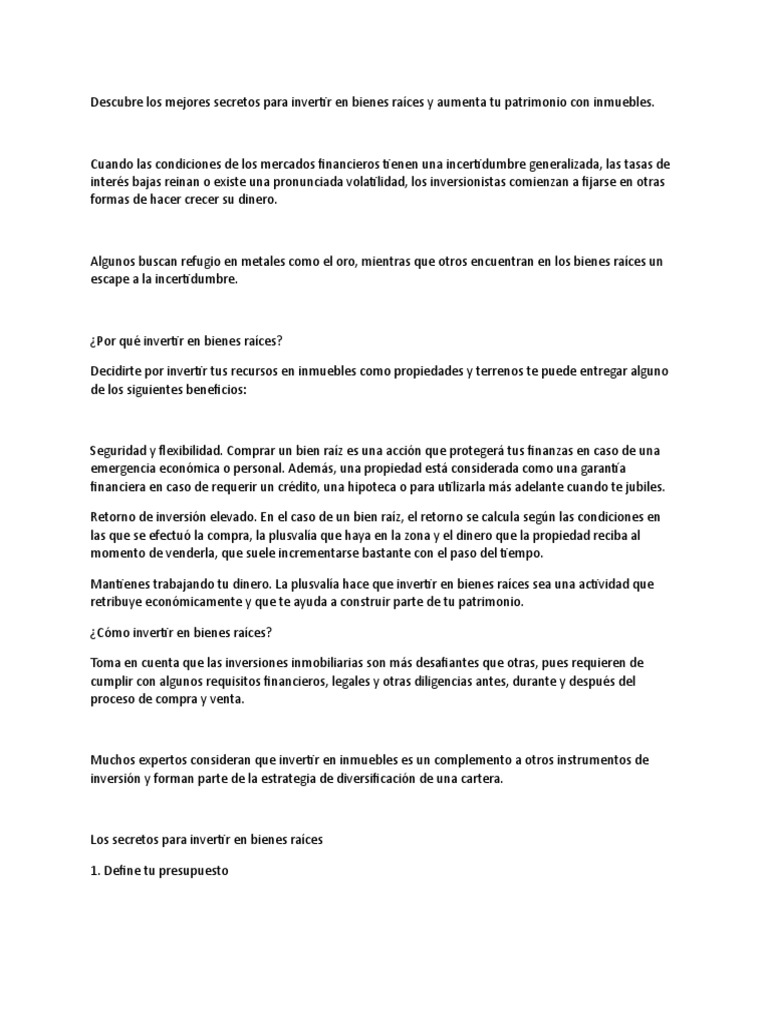 Secretos para Invertir en Bienes Raíces | PDF | Bienes raíces | Inversiones