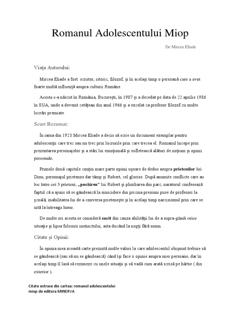 Romanul Adolescentului Miop Fisa De Lectura Romanul Adolescentului Miop | PDF