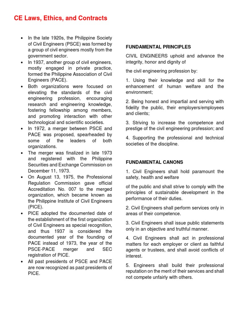 CE Laws, Ethics, and Contracts Overview | PDF | Engineer | Employment