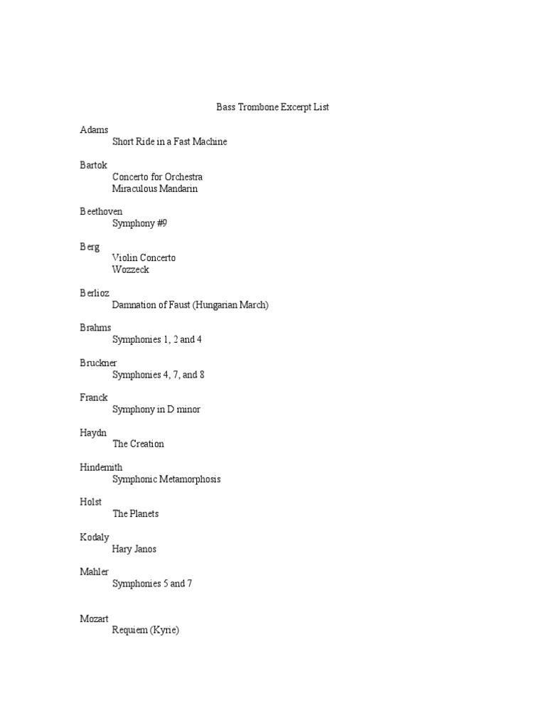 Bass Trombone Excerpt List PDF
