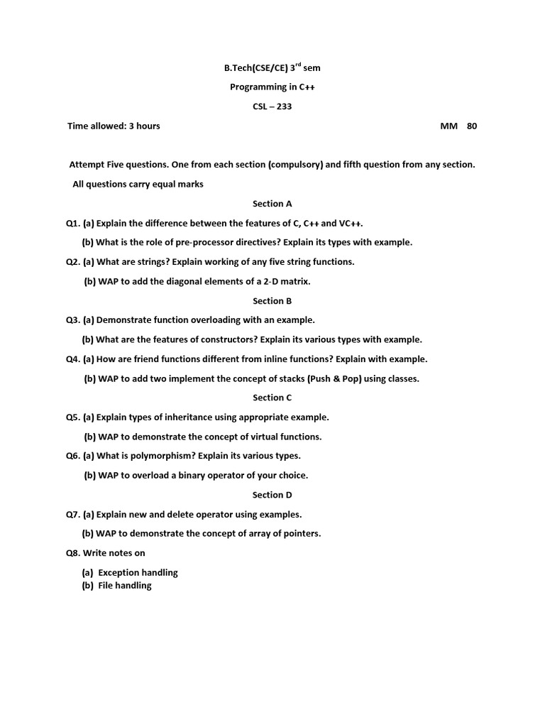 C++ Programming Exam Structure | PDF