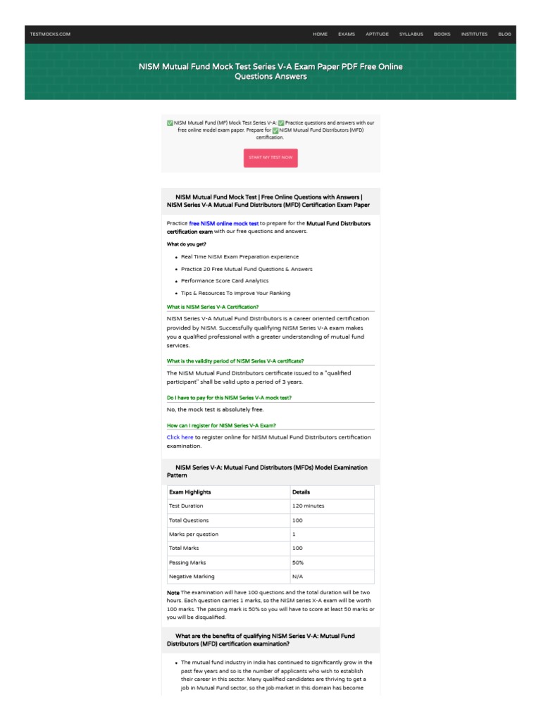 nism exam syllabus for mutual fund distributor