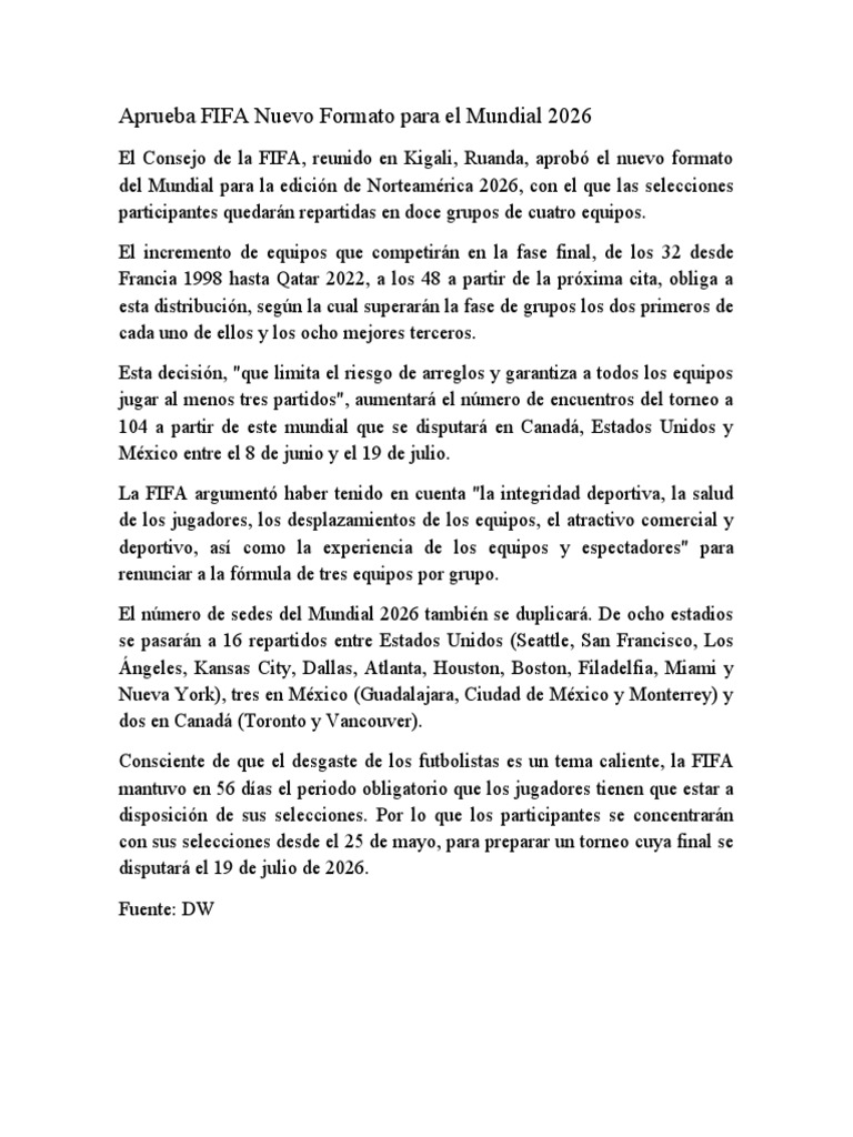 Aprueba FIFA Nuevo Formato para el Mundial 2026 | PDF