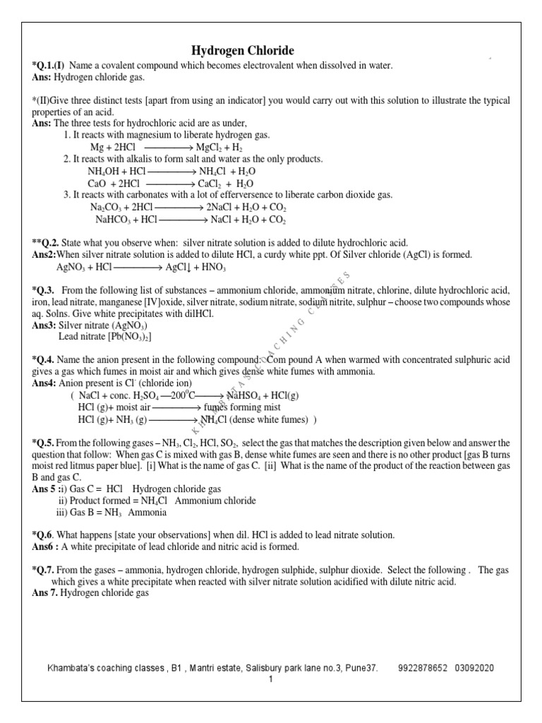 Properties and Preparation of Hydrogen Chloride Gas and its Reactions