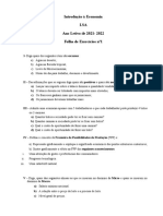 Introdução à Economia: Folha de Exercícios sobre Escassez, FPP, Micro e Macro