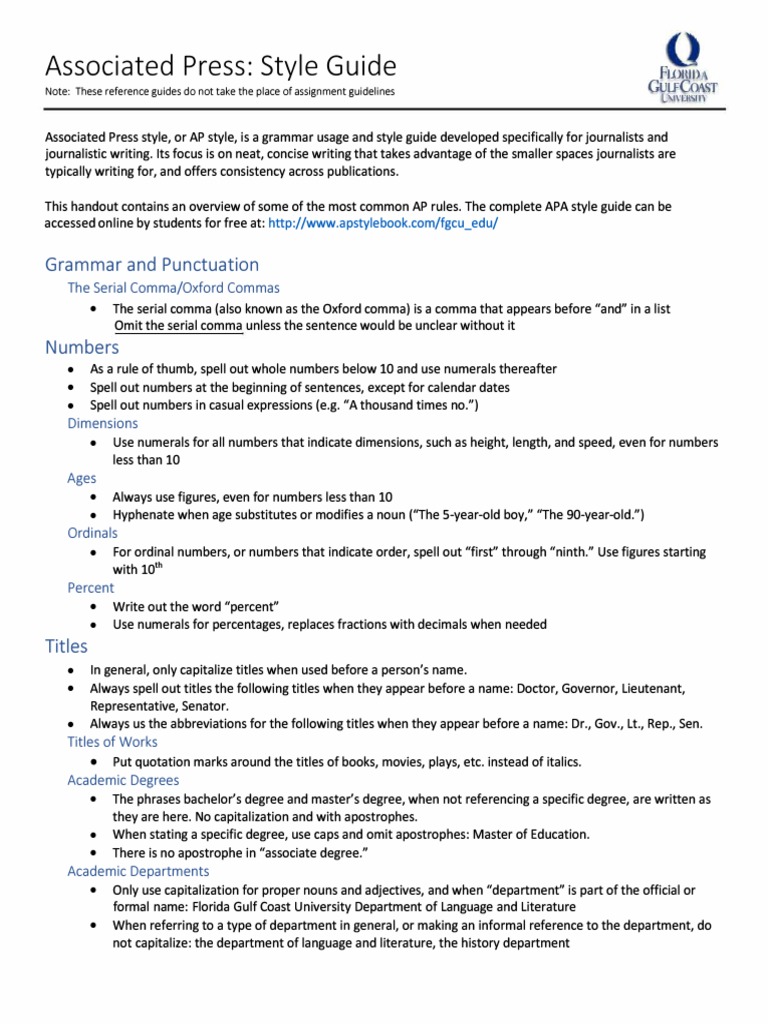 FGCU Associated Press Style Guide PDF | PDF | Comma | Syntax