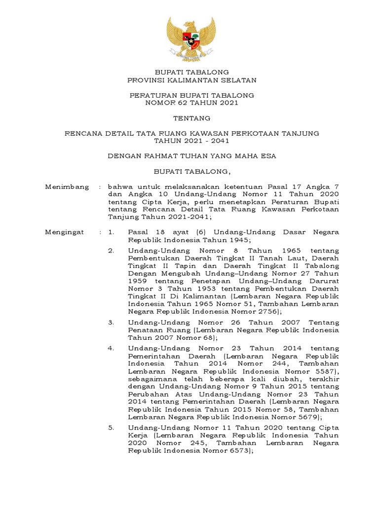 Rdtr Kawasan Perkotaan Tanjung No 62 Tahun 2021 Pdf Pdf