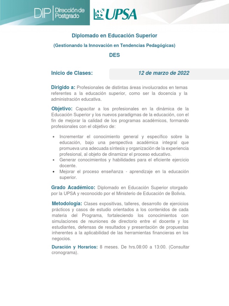 Diplomado en Educación Superior UPSA | PDF | Educación más alta | Plan ...