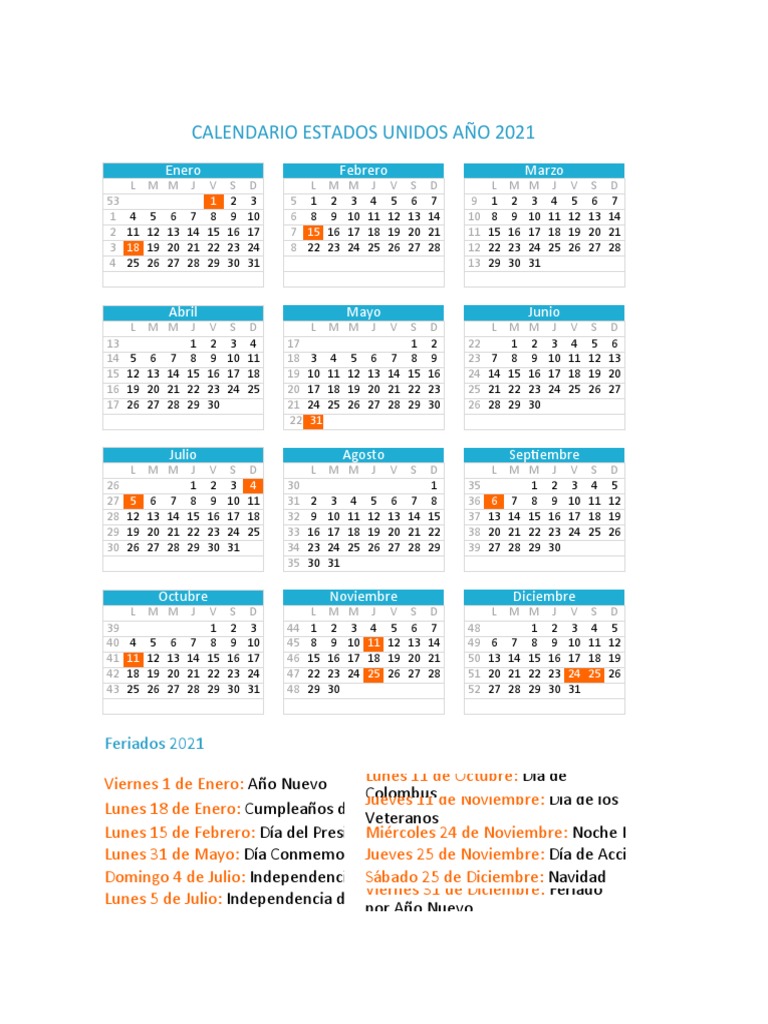 Calendario Estados Unidos 2021 Pdf