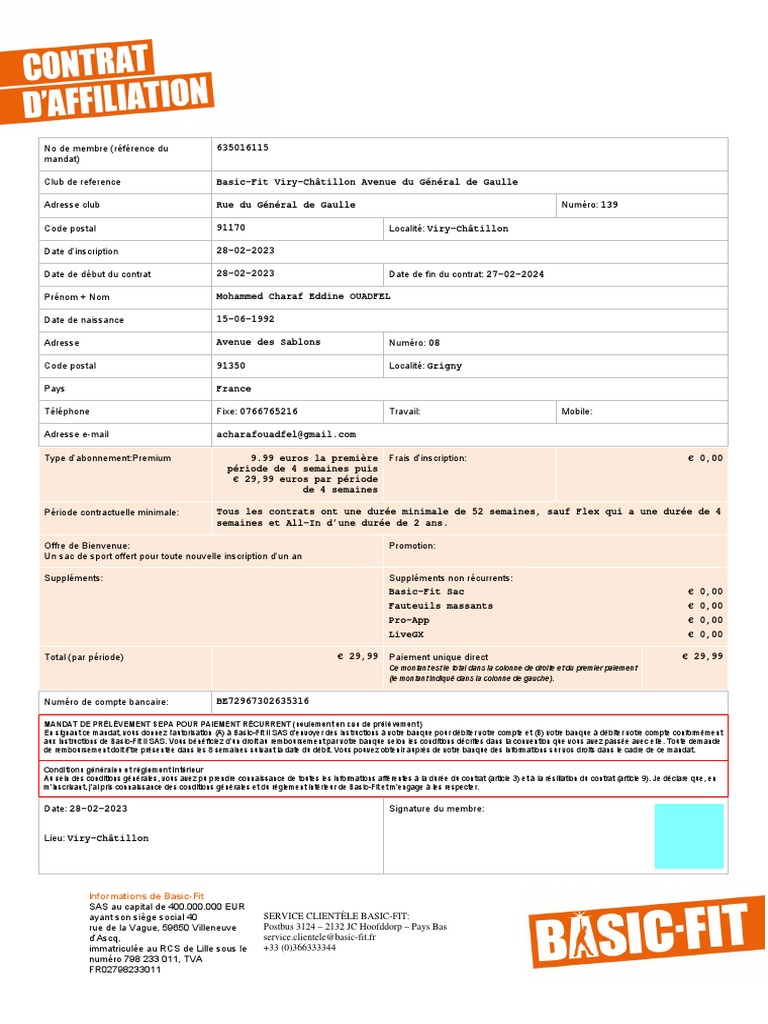 Contrat d'adhésion Basic-Fit 2023 | PDF | Secteurs du service