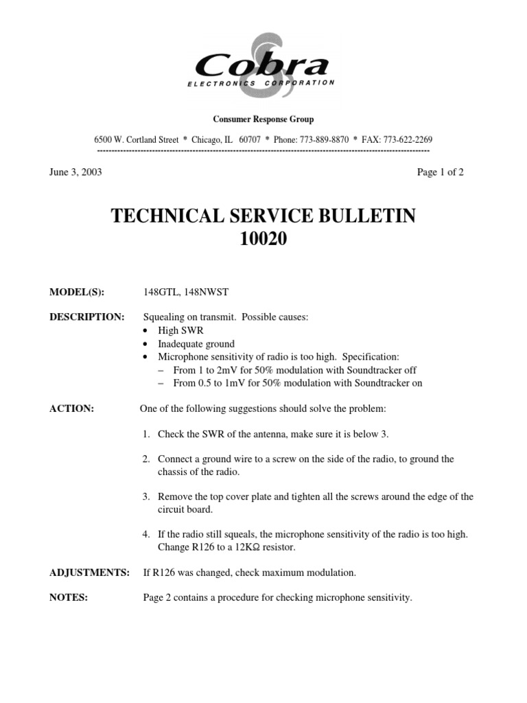148GTL Cobra Technical Service Bulleting PDF