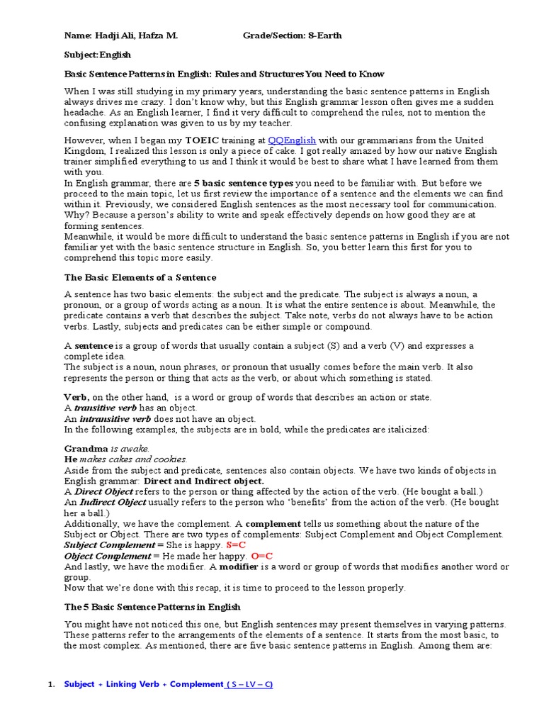 Understanding the Five Basic Sentence Patterns in English: A 
