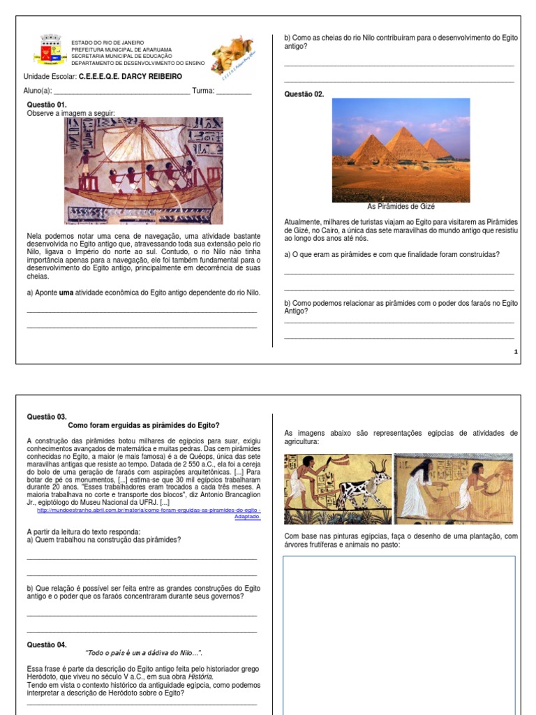 Atividades sobre o Egito Antigo 6º Ano | PDF | Antigo Egito | Egito