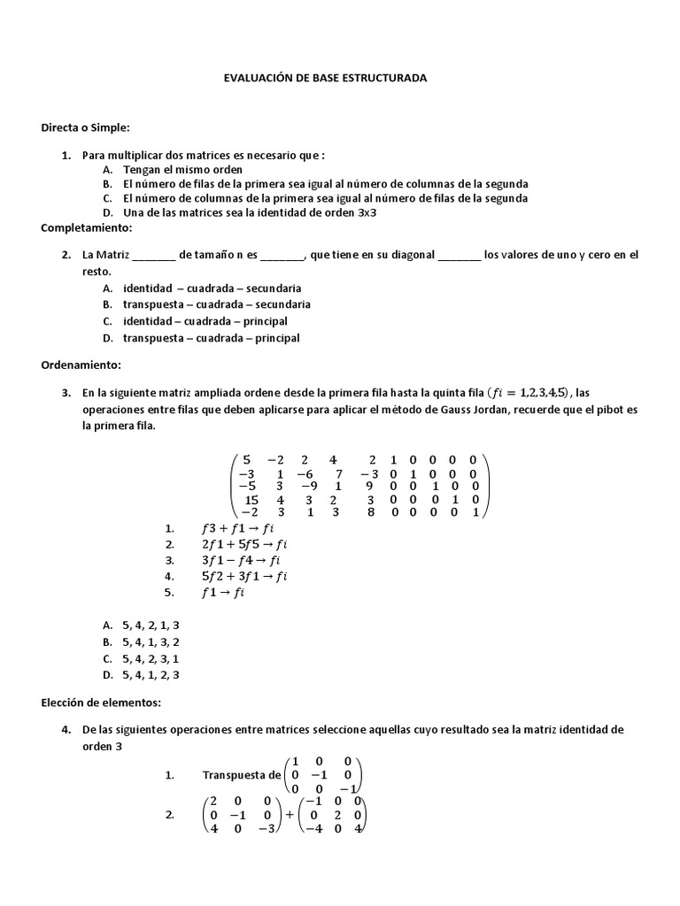 PREGUNTAS DE BASE ESTRUCTURADA Tercero D | PDF | Matriz (Matemáticas ...