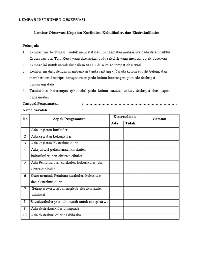 Lembar Instrumen Observasi-1-1 | PDF